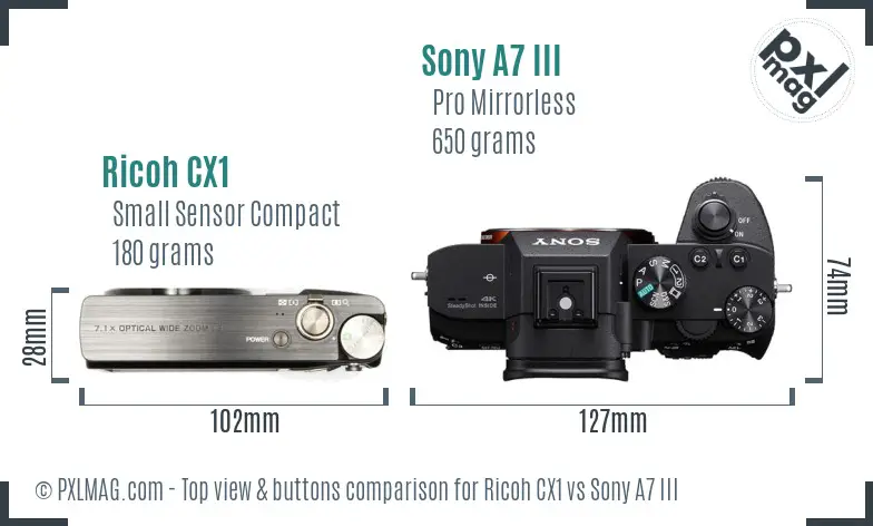 Ricoh CX1 vs Sony A7 III top view buttons comparison