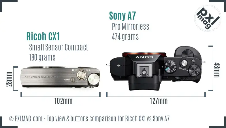Ricoh CX1 vs Sony A7 top view buttons comparison