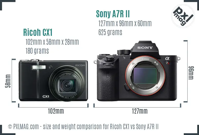 Ricoh CX1 vs Sony A7R II size comparison