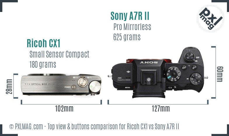 Ricoh CX1 vs Sony A7R II top view buttons comparison