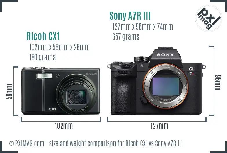 Ricoh CX1 vs Sony A7R III size comparison