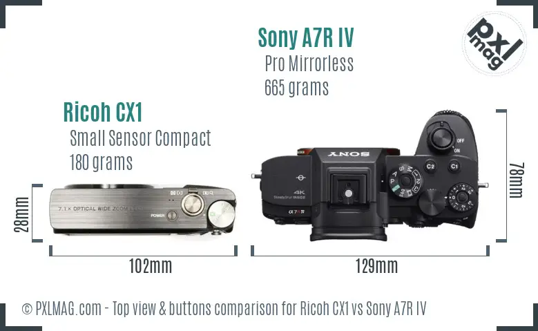 Ricoh CX1 vs Sony A7R IV top view buttons comparison