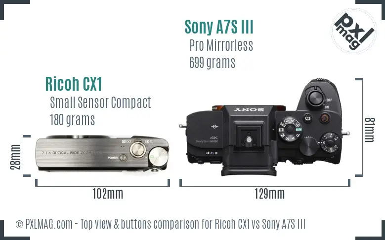 Ricoh CX1 vs Sony A7S III top view buttons comparison