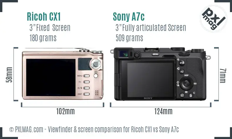 Ricoh CX1 vs Sony A7c Screen and Viewfinder comparison