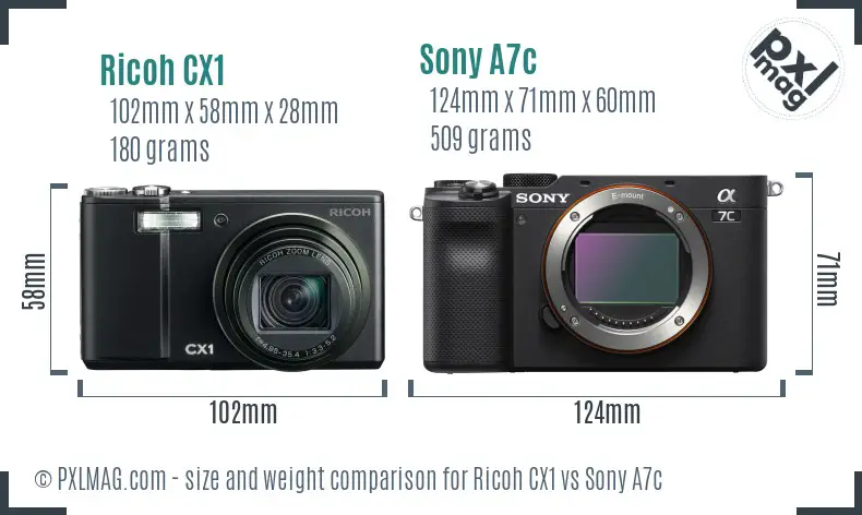 Ricoh CX1 vs Sony A7c size comparison