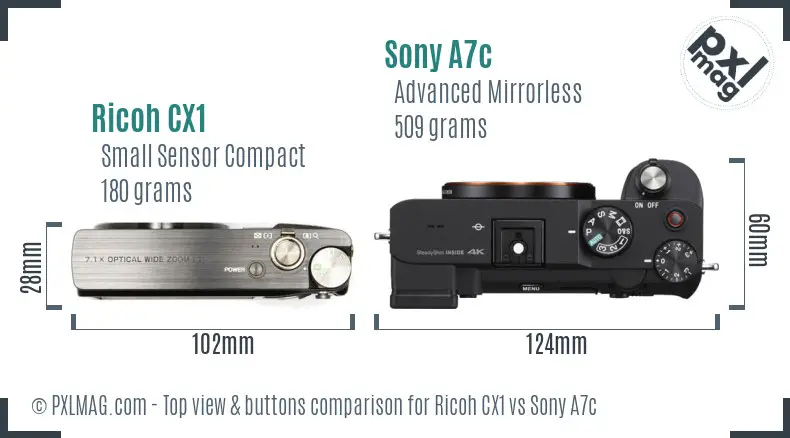 Ricoh CX1 vs Sony A7c top view buttons comparison