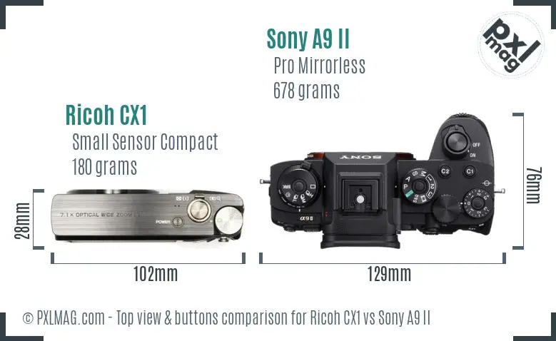 Ricoh CX1 vs Sony A9 II top view buttons comparison