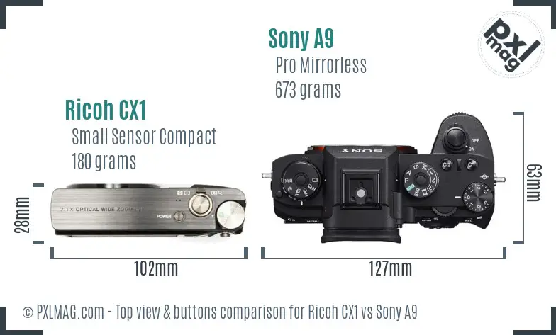 Ricoh CX1 vs Sony A9 top view buttons comparison