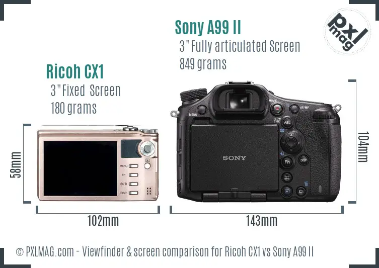 Ricoh CX1 vs Sony A99 II Screen and Viewfinder comparison