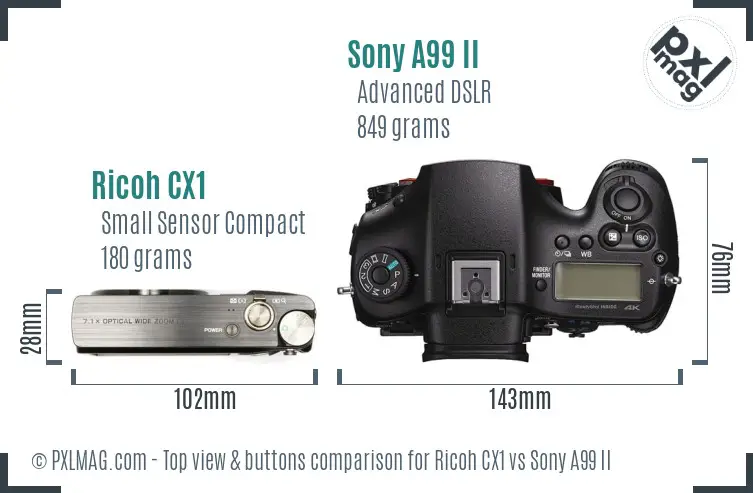 Ricoh CX1 vs Sony A99 II top view buttons comparison