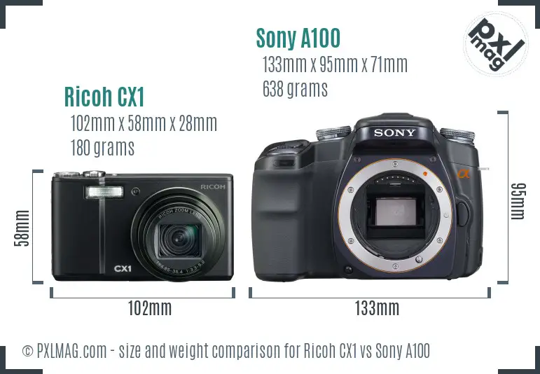 Ricoh CX1 vs Sony A100 size comparison