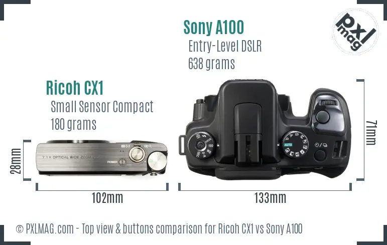 Ricoh CX1 vs Sony A100 top view buttons comparison