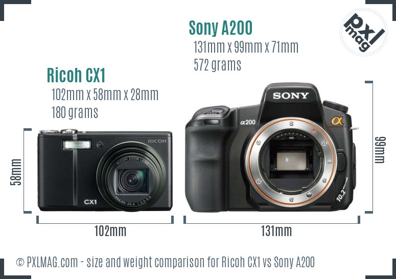 Ricoh CX1 vs Sony A200 size comparison