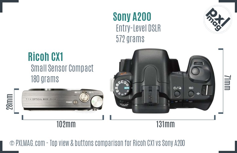 Ricoh CX1 vs Sony A200 top view buttons comparison