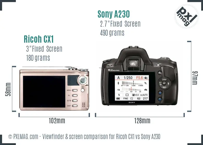 Ricoh CX1 vs Sony A230 Screen and Viewfinder comparison
