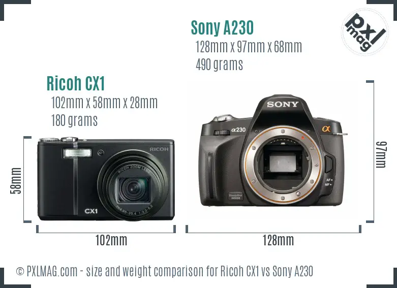 Ricoh CX1 vs Sony A230 size comparison