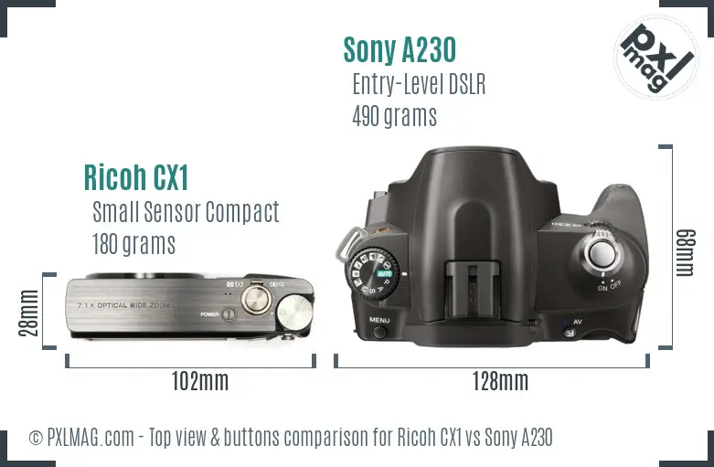 Ricoh CX1 vs Sony A230 top view buttons comparison