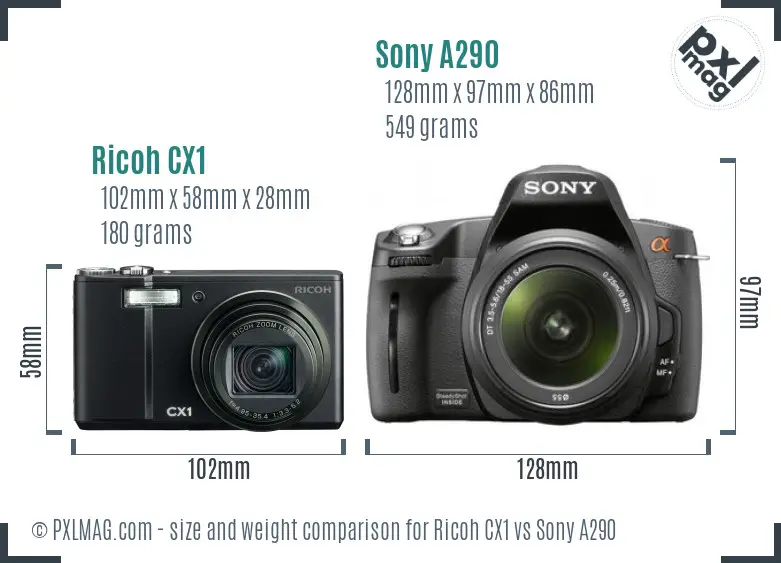 Ricoh CX1 vs Sony A290 size comparison