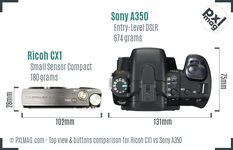 Ricoh CX1 vs Sony A350 top view buttons comparison