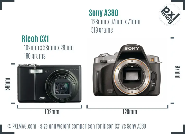 Ricoh CX1 vs Sony A380 size comparison