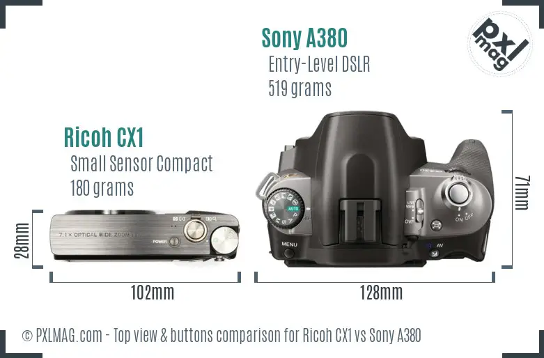 Ricoh CX1 vs Sony A380 top view buttons comparison