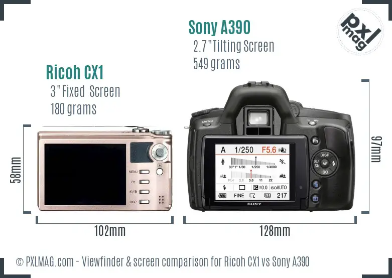 Ricoh CX1 vs Sony A390 Screen and Viewfinder comparison