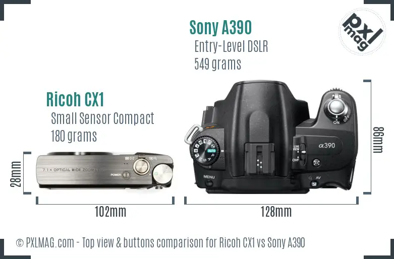 Ricoh CX1 vs Sony A390 top view buttons comparison