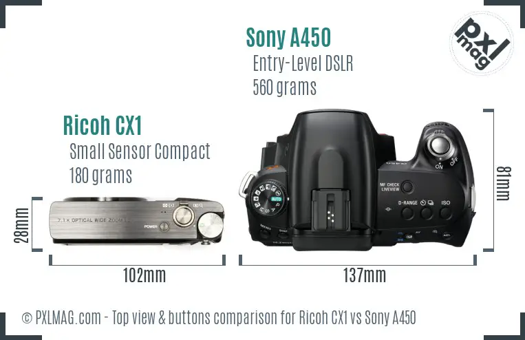 Ricoh CX1 vs Sony A450 top view buttons comparison