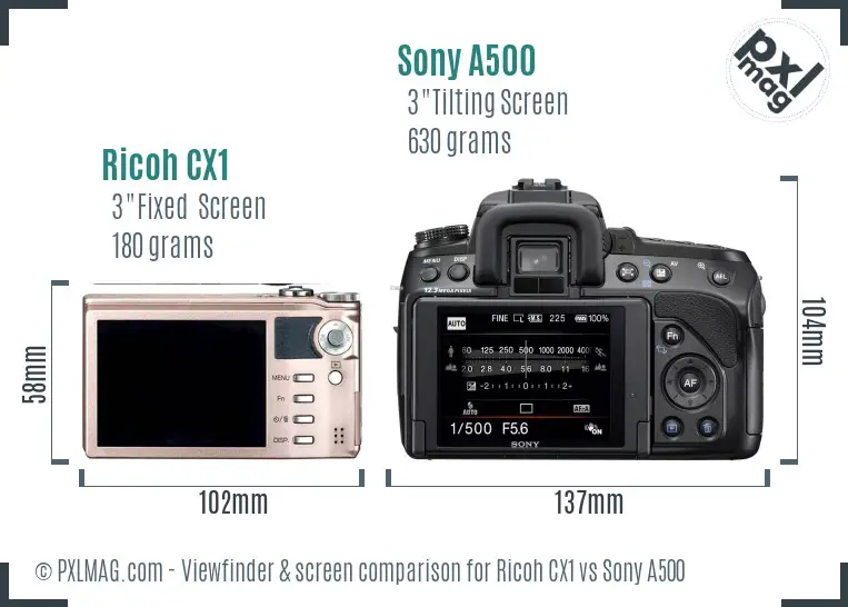 Ricoh CX1 vs Sony A500 Screen and Viewfinder comparison