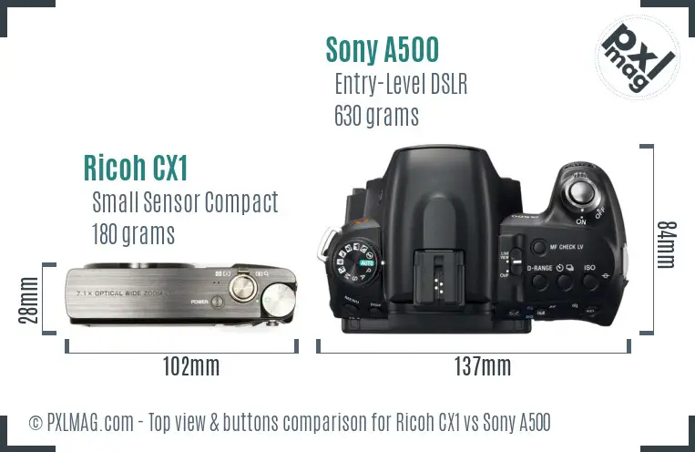 Ricoh CX1 vs Sony A500 top view buttons comparison