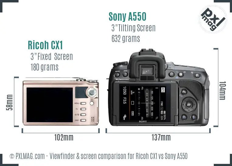 Ricoh CX1 vs Sony A550 Screen and Viewfinder comparison
