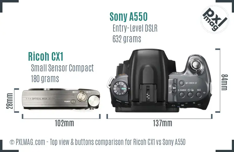 Ricoh CX1 vs Sony A550 top view buttons comparison