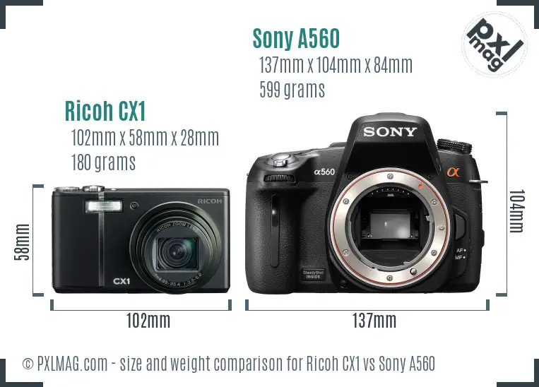 Ricoh CX1 vs Sony A560 size comparison