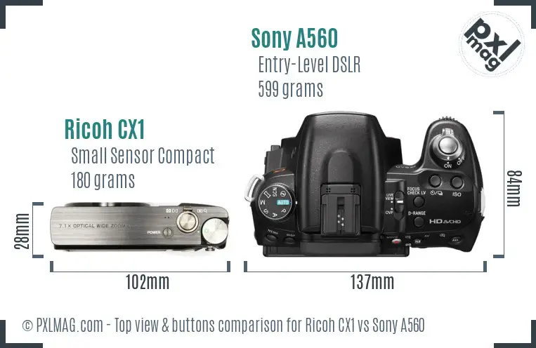 Ricoh CX1 vs Sony A560 top view buttons comparison