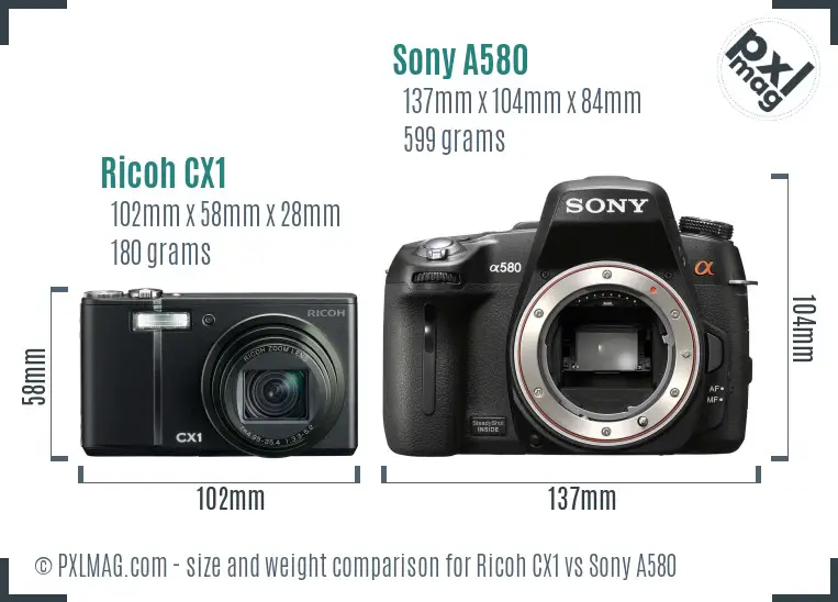 Ricoh CX1 vs Sony A580 size comparison