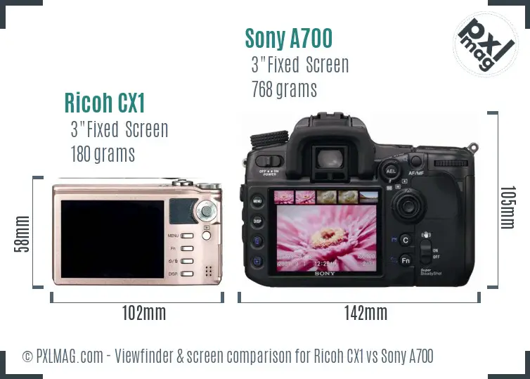 Ricoh CX1 vs Sony A700 Screen and Viewfinder comparison