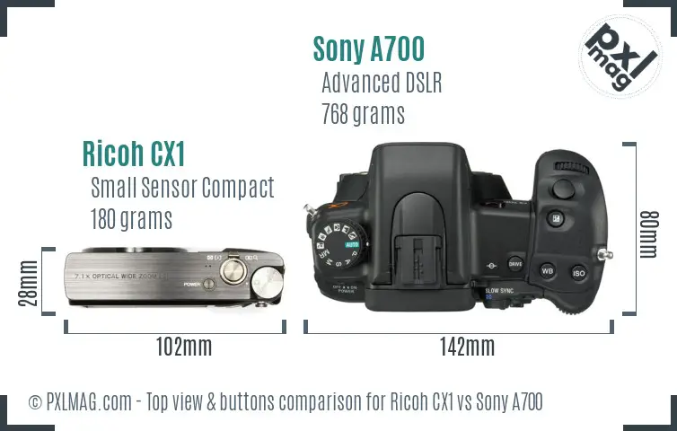 Ricoh CX1 vs Sony A700 top view buttons comparison