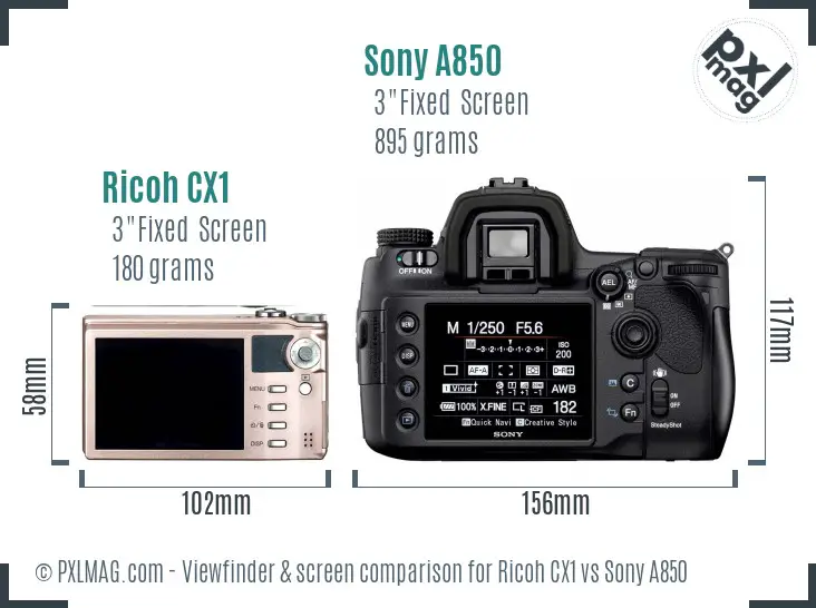Ricoh CX1 vs Sony A850 Screen and Viewfinder comparison
