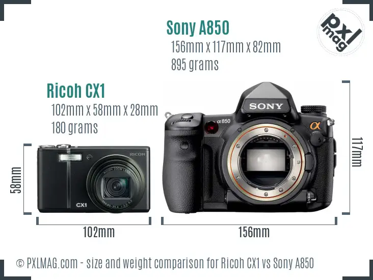 Ricoh CX1 vs Sony A850 size comparison