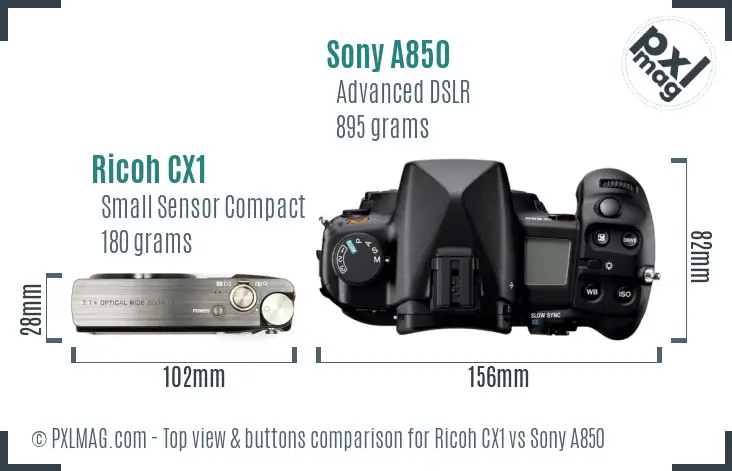 Ricoh CX1 vs Sony A850 top view buttons comparison