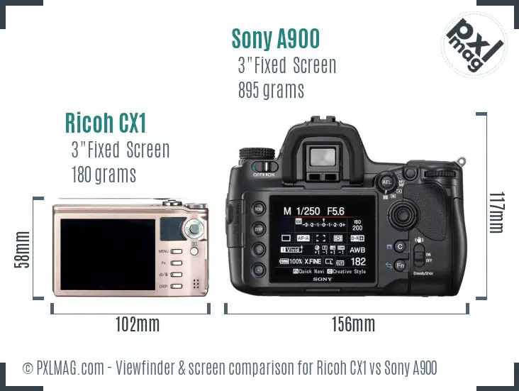 Ricoh CX1 vs Sony A900 Screen and Viewfinder comparison