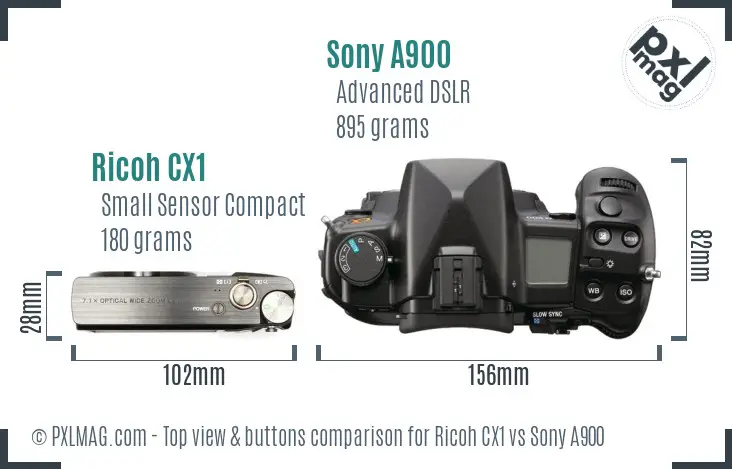Ricoh CX1 vs Sony A900 top view buttons comparison