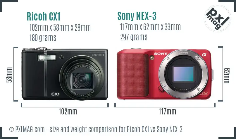 Ricoh CX1 vs Sony NEX-3 size comparison