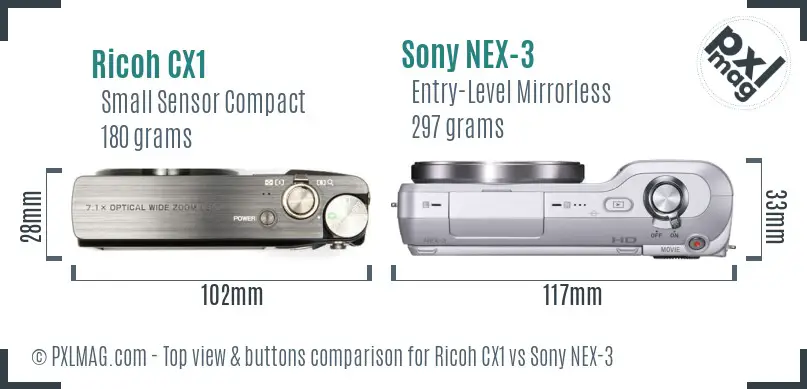 Ricoh CX1 vs Sony NEX-3 top view buttons comparison