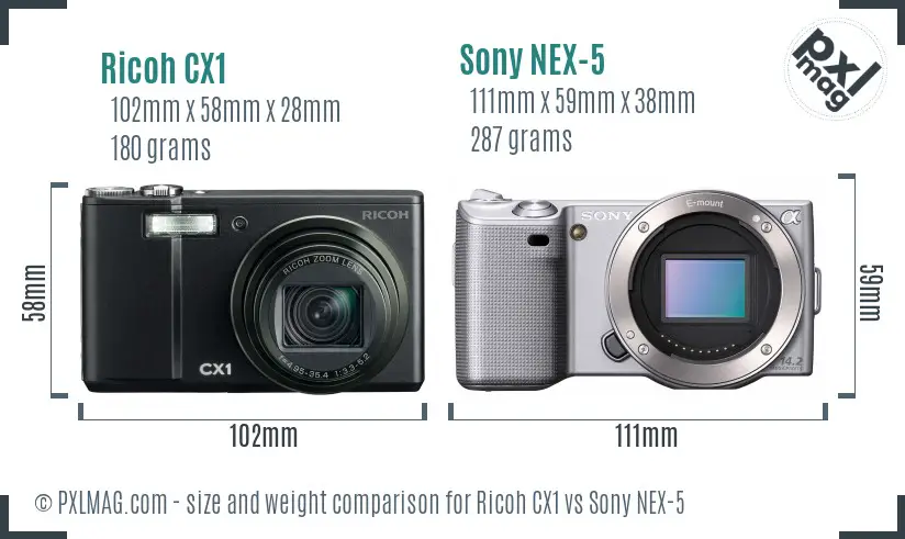 Ricoh CX1 vs Sony NEX-5 size comparison