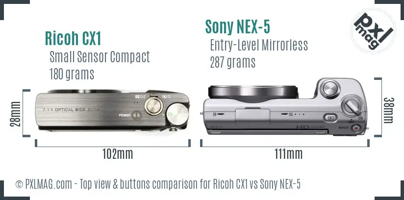 Ricoh CX1 vs Sony NEX-5 top view buttons comparison