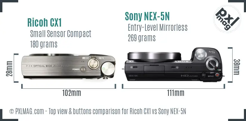 Ricoh CX1 vs Sony NEX-5N top view buttons comparison