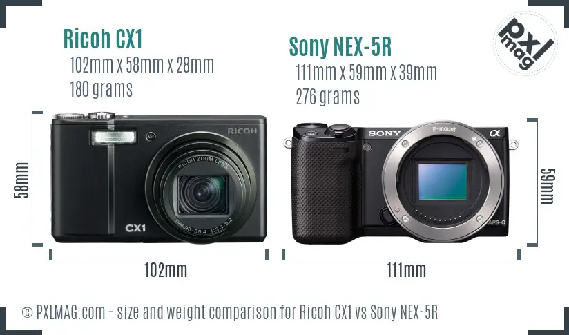 Ricoh CX1 vs Sony NEX-5R size comparison