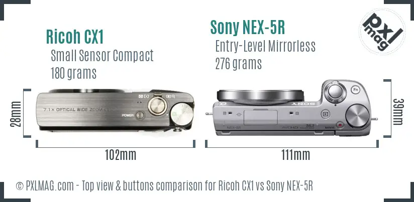 Ricoh CX1 vs Sony NEX-5R top view buttons comparison