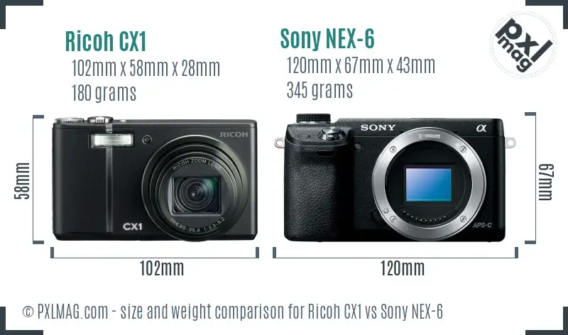 Ricoh CX1 vs Sony NEX-6 size comparison